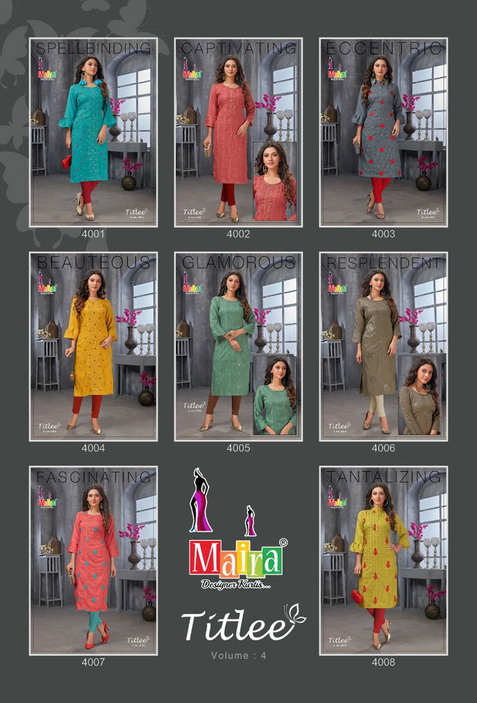 Maira Titlee 4 Heavy Party Wear Rayon Embroidery Kurti Collection